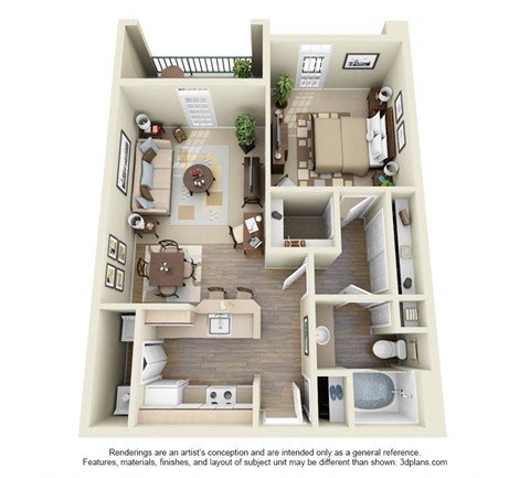 Floor plan for 1 bed, 1 bath, 691 sqft